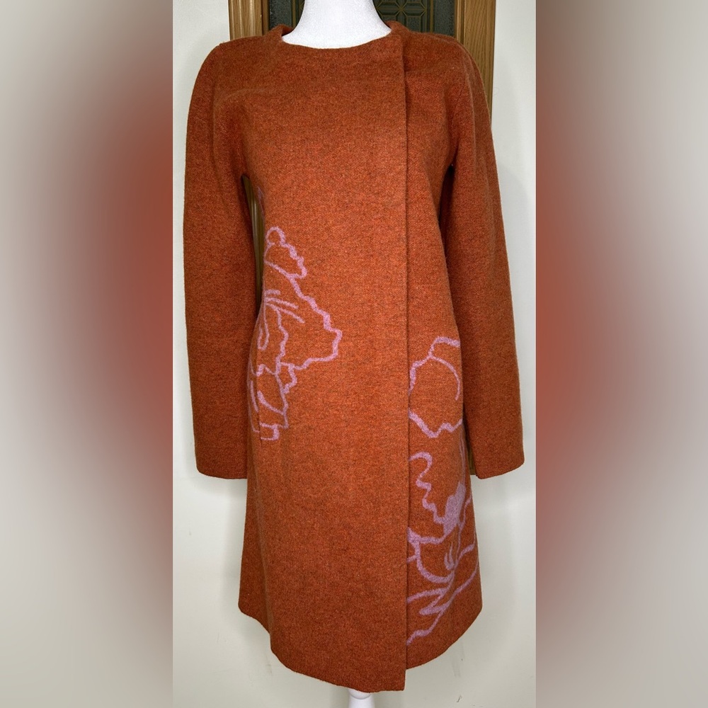 Field Flower Wool Floral Intarsia Car Coat Burnt Orange Small Cardigan Jacket